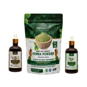 HENNACO Professional Mehendi Combo – 5 filter Premium Mehendi Powder 400gm + 100% Pure Eucalyptus Essential Oil 100 ml + Special Mehndi Oil 100 ml